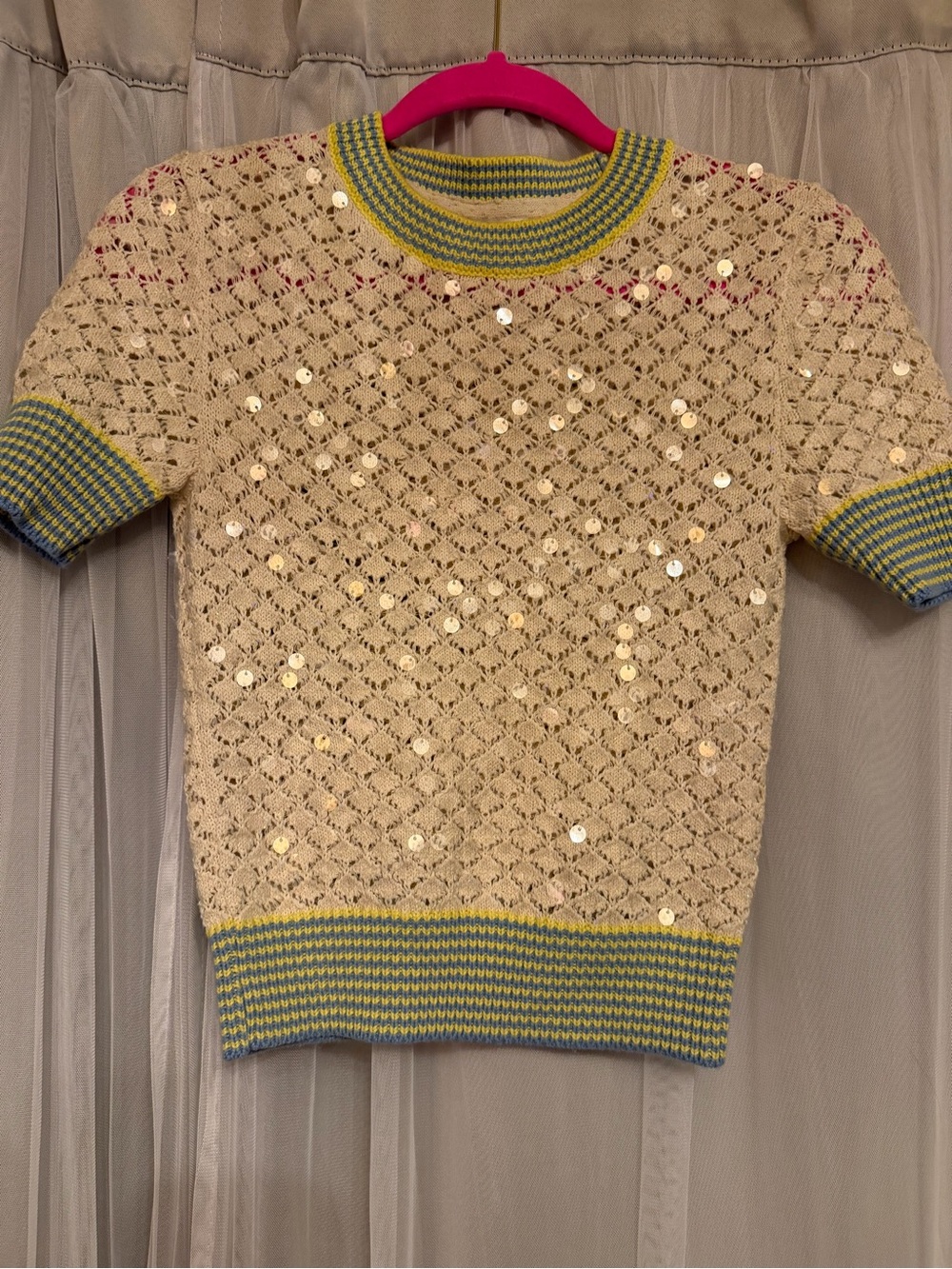 J.Crew Cream Open-Knit Short Sleeve Sweater with Yellow-Blue Trim